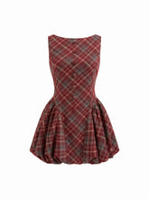 Wool-look Boat Neck Tartan Plaid Bubble Hem Mini Dress