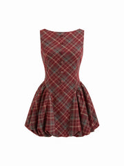 Wool-look Boat Neck Tartan Plaid Bubble Hem Mini Dress