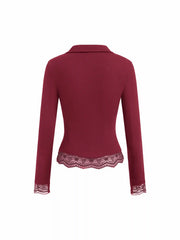 Collar Long Sleeve Contrasting Lace Ruched Top