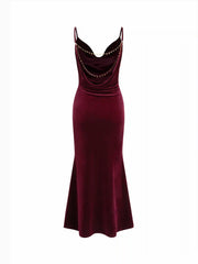 Velvet Cowl Neck Backless Chain Detail Mermaid Maxi Dress