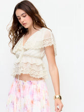 Chiffon V-neck Ruffled Lace Trim Tie Front Blouse