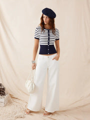 Knit Striped High Stretch Short Sleeve Cardigan With Pearl Buttons