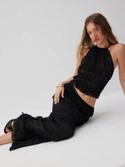Jacquard Textured Ruffled Top & Mid Rise Bodycon Maxi Skirt Set