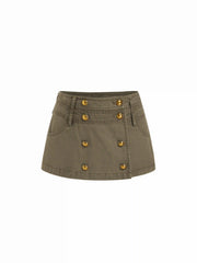 Cotton-blend Low Rise Metal Detail Button A-line Mini Skort