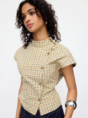Cotton-blend Plaid Stand Collar Tie Back Blouse