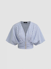 Cotton-blend V-neck Stripe Ruched Dolman Sleeve Shirt