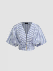 Cotton-blend V-neck Stripe Ruched Dolman Sleeve Shirt