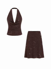 Cowl Neck Ruched Top & Mid Rise A-line Midi Skirt Set With Rhinestone Dots