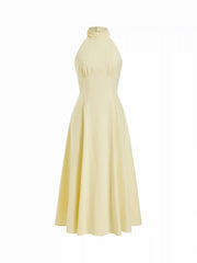 Linen-blend Halter Neckline Ruched A-line Maxi Dress