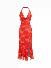 Floral Mesh Halter Neck Asymmetrical Split Mermaid Maxi Dress