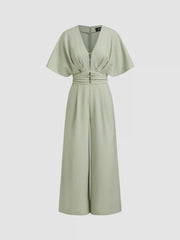 Linen-blend V-neck Ruched Dolman Sleeve Jumpsuit