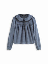 Cotton-blend Gingham Peter Pan Collar Puff Sleeve Lace Panel Blouse