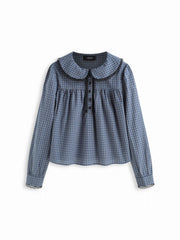 Cotton-blend Gingham Peter Pan Collar Puff Sleeve Lace Panel Blouse