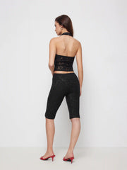 Lace Halter Neckline Sleeveless Top & Lace Bermuda Shorts Set