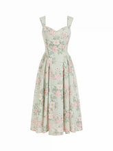 Linen-blend Floral Sweetheart Neckline Flared Midi Dress