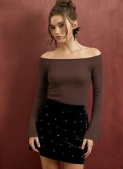 Knit Boat Neck Solid Bell Sleeve Top
