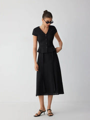 Cotton V-Neck Button Front Peplum Top & Mid Rise A-line Maxi Skirt Set With Belt