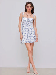 Mesh Scoop Neckline Floral Knotted Mini Dress