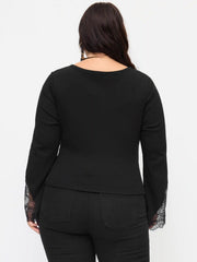 Cotton-blend Round Neckline Long Sleeve Contrasting Lace Top Curve & Plus