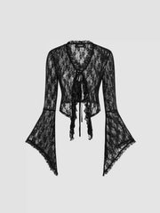Lace V-neck Solid See-through Long Sleeve Top