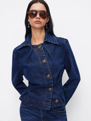 Denim Collar Asymmetrical Button Cinched Waist Jacket