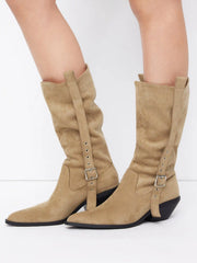 FAUX SUEDE BUCKLE POINTED TOE BOOTS
