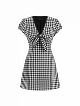 Cotton V-neck Puff Sleeve Twist Knotted Gingham A-line Mini Dress