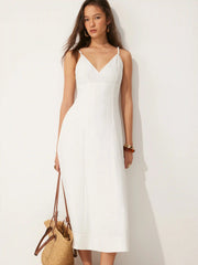 Linen-blend V-neck Twist Detail A-line Maxi Cami Dress