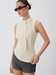 Stand Collar Tie-Neck Ruched Stitch Tank Top