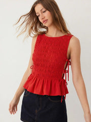 Ruched Square Neck Peplum Crop Top With Side Tie Details