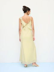 Chiffon V-neck Lace Trim Ruffle Hem Maxi Dress