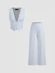 V-neck Striped Belted Vest With Mid Rise Striped Pocket Straight Leg Trousers