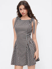Jacquard Checks Bowknot Ruffle Hem Mini Dress