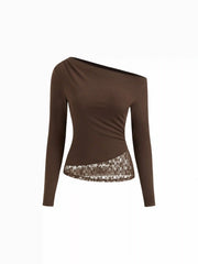Asymmetrical Neck Long Sleeve Contrasting Lace Ruched Tee