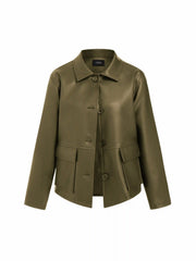 Faux Leather Collar Long Sleeve Button Oversized Shacket