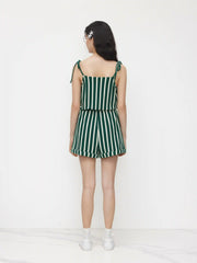 Square Neck Stripe Drawstring Knotted Romper