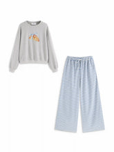 Cotton-blend Croissant Graphic Top & Striped Mid Rise Drawstring Wide Leg Trousers Loungewear Set