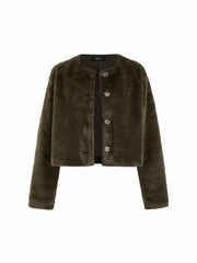 Faux Fur Round Neckline Long Sleeve Oversized Crop Jacket
