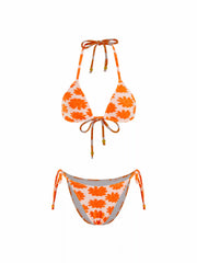 Floral Halter Neck Beaded Detail Tie Side Triangle Bikini Set