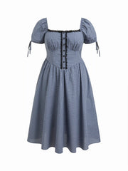 Cotton Plaid Square Neck Knotted Lace Trim Puff Sleeve Midi Dress Curve & Plus