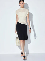 High Neck Ruched Asymmetrical Sheer Short Sleeve Top