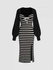 Knit Sweetheart Striped Split Maxi Dress & Long Sleeve Shrug Set