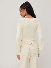 Knit V-neck Solid Lantern Sleeve Crop Top