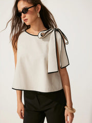 Linen-blend Boat Neck ColorBlock Knotted Blouse