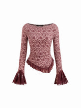 Floral Boat Neck Lace Trim Asymmetrical Hem Bell Sleeve Ruched Top