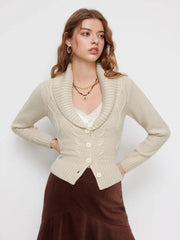 Cable Knit Collar V-neck Button Cardigan