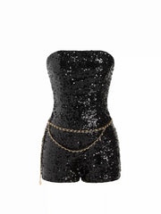 Sequin Bandeau Cami Romper With Waist Chain