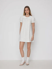 Cotton-blend Peter Pan Collar Puff Sleeve Lace Trim Mini Dress