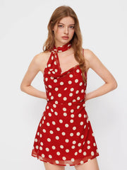 Chiffon Cowl Neck Polka Dot Ruched Mini Cami Dress With Scarf