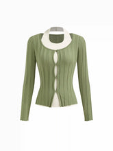 Knit Two Tone Halter Neckline Button Cut Out Cardigan